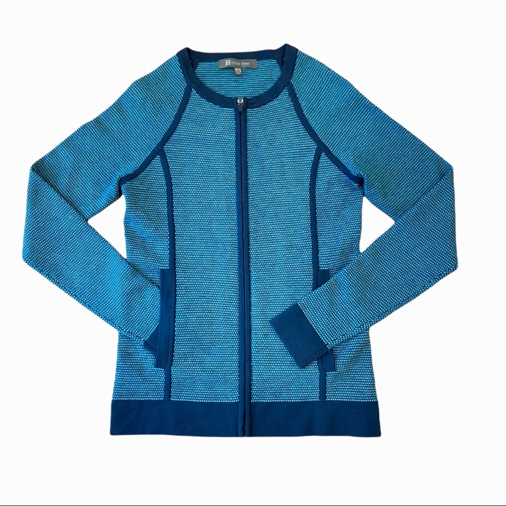 title nine cotton blend full zip knit Blue sweater Size XS